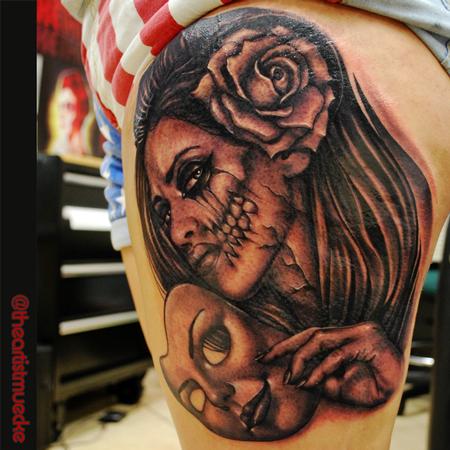 George Muecke - custom leg piece black and grey muecke tattoo 